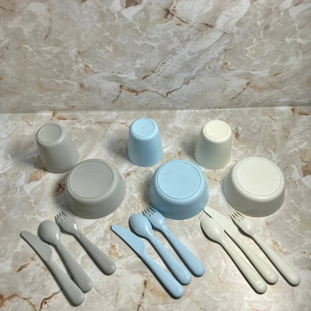 Ikea KALAS Boys 15 Pieces Bowls Cups Cutlery Mixed Pastel Colors PBA Free